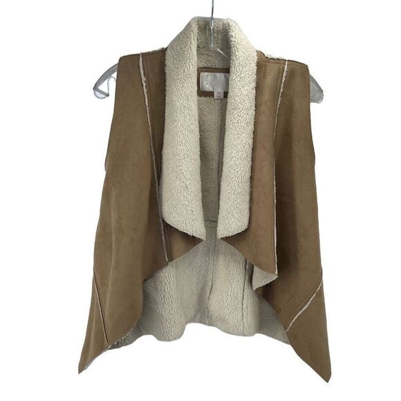 Xhilaration Women's Faux Fur Trim Open Front Suede Vest Tan Size Small Petite - Picture 5 of 9
